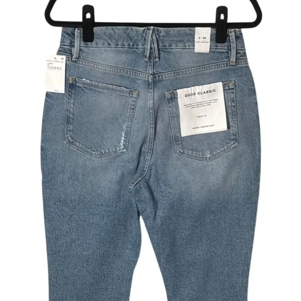 NWT Good American‎ Good Classic High Rise Distressed Jeans Medium Wash Sz 6/28